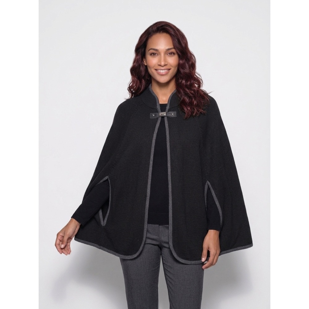 Calvin Klein Womens Black Knit Cape Wrap Toggle Closure Grey Trim One Size